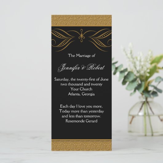 Zwart en Goud Scroll Accent Wedding Programma Programmakaart (Staand voorkant)