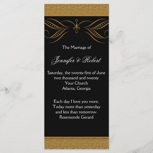 Zwart en Goud Scroll Accent Wedding Programma Programmakaart (Voorkant)