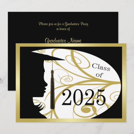 Zwart en Goud Silhouette 2025 Afstudeerfeest Kaart (Voorkant / Achterkant)