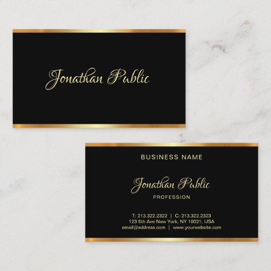 Zwart en Goud Sjabloon Professioneel Script Modern Visitekaartje (Voorkant / Achterkant)