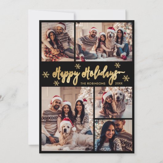 Zwart en Goud Sneeuwvlok 5 Foto Collage Kerstmis Feestdagenkaart (Voorkant)