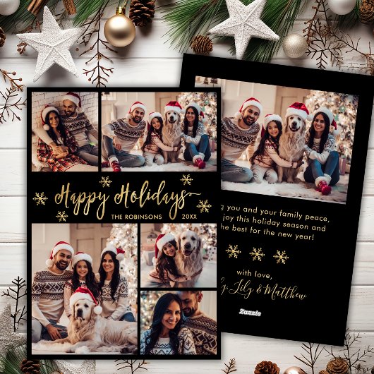 Zwart en Goud Sneeuwvlok 5 Foto Collage Kerstmis Feestdagenkaart