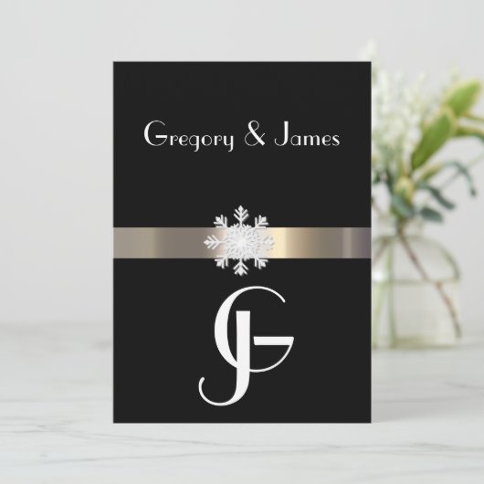 Zwart en Goud Sneeuwvlok Bruiloft Uitnodiging (Staand voorkant)