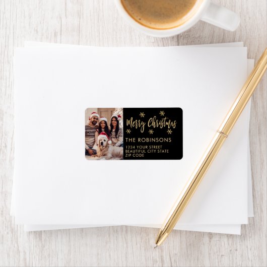 Zwart en Goud Sneeuwvlok Kerstmis Retouradres Etiket (Insitu)