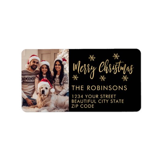 Zwart en Goud Sneeuwvlok Kerstmis Retouradres Etiket (Voorkant)