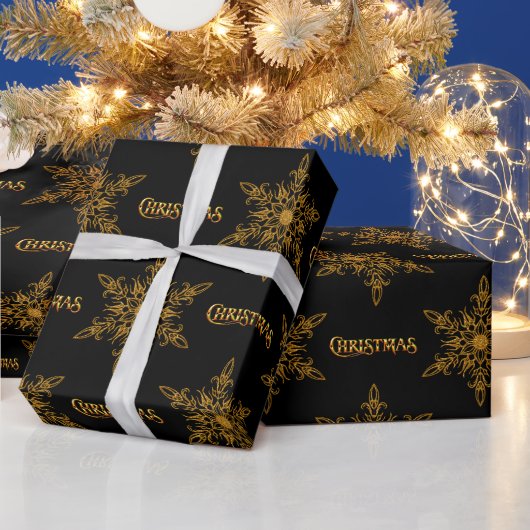 Zwart en Goud Sneeuwvlokken Kerstmis Cadeaupapier (Feestdagen)