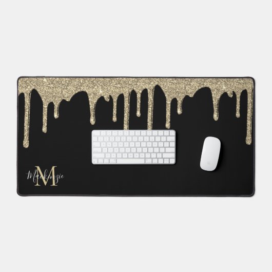 Zwart en Goud Sparkle Glitter Drips Monogram Bureaumat (Keyboard & Muis)