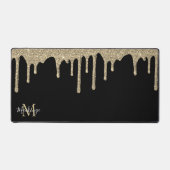 Zwart en Goud Sparkle Glitter Drips Monogram Bureaumat (Voorkant)