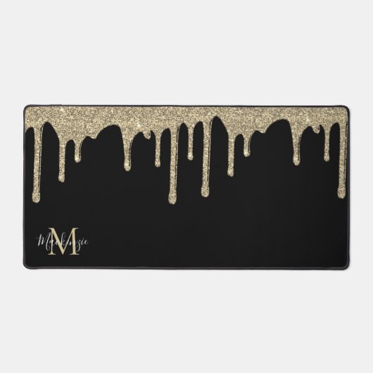 Zwart en Goud Sparkle Glitter Drips Monogram Bureaumat (Voorkant)