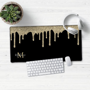 Zwart en Goud Sparkle Glitter Drips Monogram Bureaumat