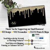 Zwart en Goud Sparkle Glitter Drips Monogram Bureaumat