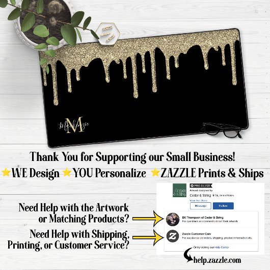 Zwart en Goud Sparkle Glitter Drips Monogram Bureaumat