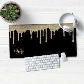 Zwart en Goud Sparkle Glitter Drips Monogram Bureaumat