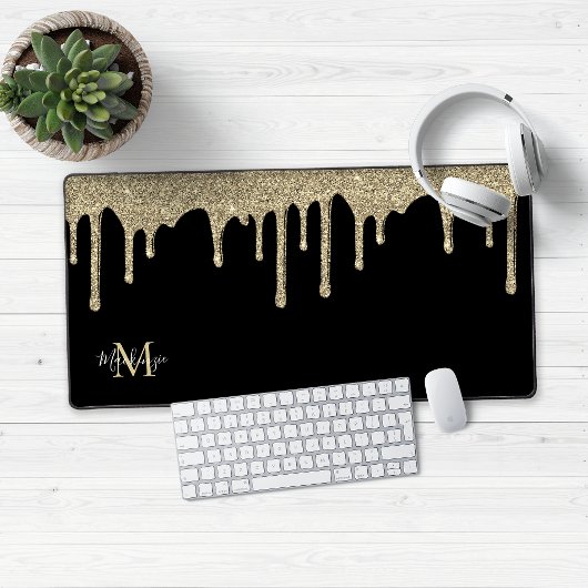 Zwart en Goud Sparkle Glitter Drips Monogram Bureaumat