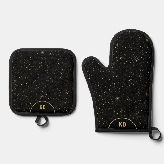 Zwart en Goud Sparkles Monogram Ovenwant & Pannenlap Set (Voorkant)