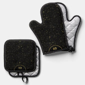 Zwart en Goud Sparkles Monogram Ovenwant & Pannenlap Set (Voorkant / Achterkant)