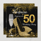 Zwart en goud stappen in 50 verjaardagsfeestje kaart (Voorkant / Achterkant)