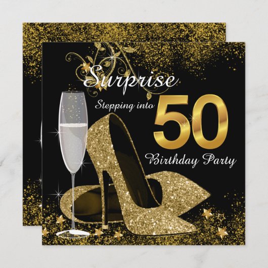 Zwart en goud stappen in 50 verjaardagsfeestje kaart (Voorkant / Achterkant)
