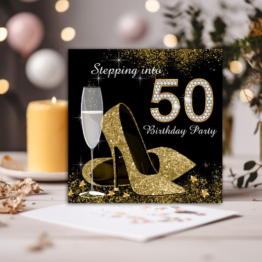 Zwart en goud stappen in 50 verjaardagsfeestje kaart