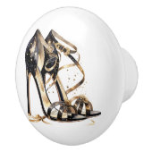 Zwart en goud Strappy Stilletto schoenen Keramische Knop (Rechts)