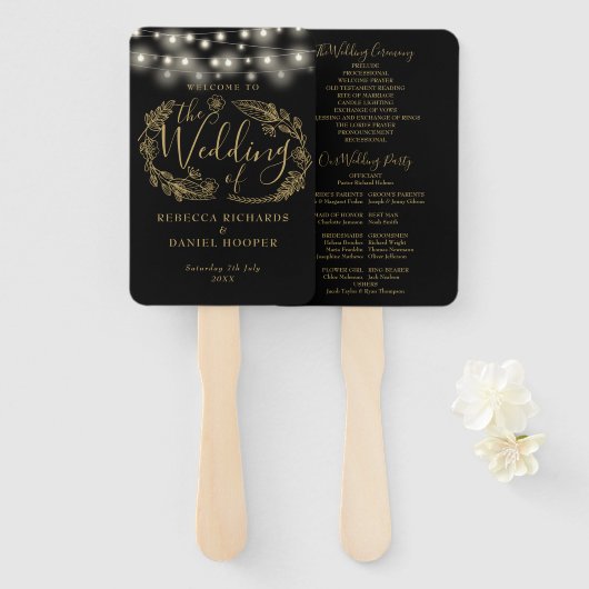 Zwart en goud String Lights bruiloft programma Handwaaier (Voorkant en achterkant)