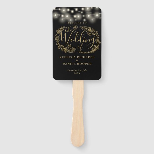 Zwart en goud String Lights bruiloft programma Handwaaier (Voorkant)