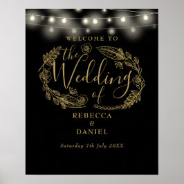 Zwart en goud String Lights Bruiloft Welkomstbord Poster