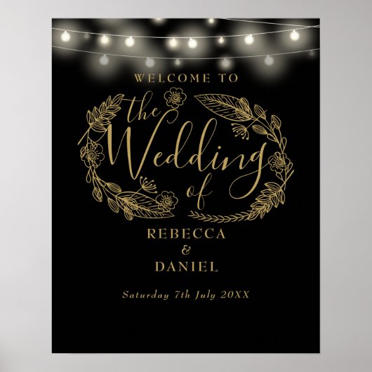 Zwart en goud String Lights Bruiloft Welkomstbord Poster (Voorkant)