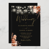 Zwart en goud String Lights QR Code Herfst Bruilof Kaart (Voorkant / Achterkant)