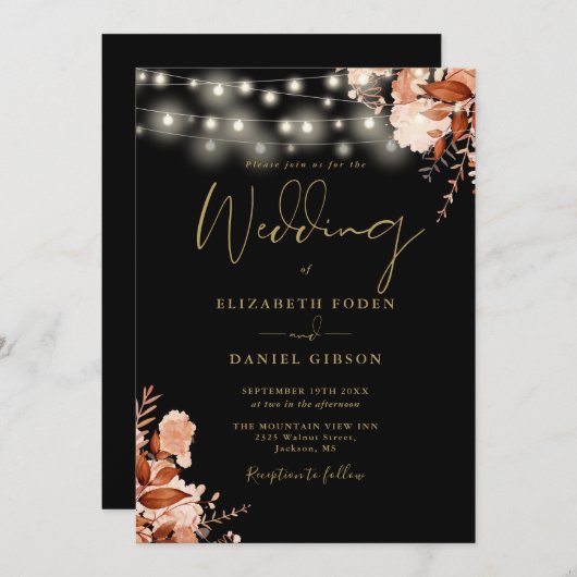 Zwart en goud String Lights QR Code Herfst Bruilof Kaart (Voorkant / Achterkant)