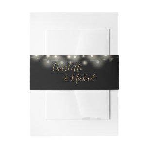 Zwart en goud String Lights Signature Script Uitnodigingen Wikkel