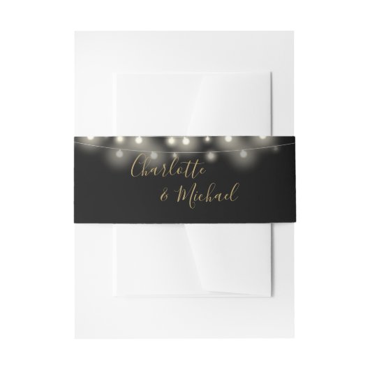 Zwart en goud String Lights Signature Script Uitnodigingen Wikkel (Voorkant Voorbeeld)