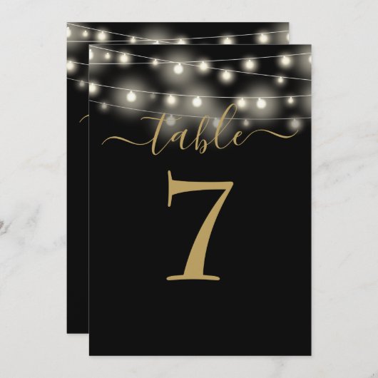 Zwart en goud String Lights Tafelnummer (Voorkant / Achterkant)