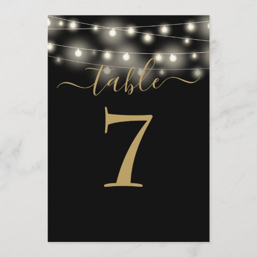 Zwart en goud String Lights Tafelnummer (Voorkant)