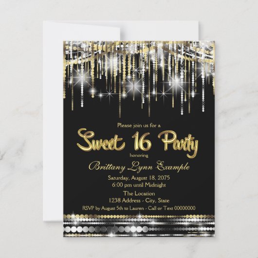 Zwart en goud Sweet 16 Party Kaart (Voorkant)