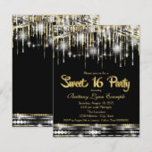 Zwart en goud Sweet 16 Party Kaart (Voorkant / Achterkant)