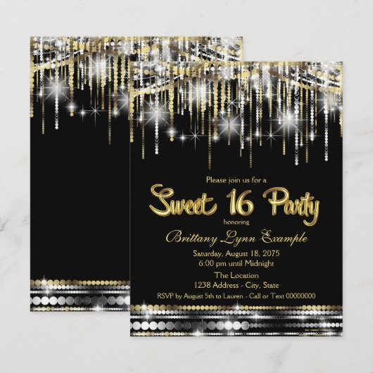 Zwart en goud Sweet 16 Party Kaart (Voorkant / Achterkant)