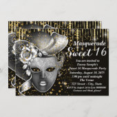 Zwart en goud Sweet Sixteen Masquerade Party Kaart (Voorkant / Achterkant)