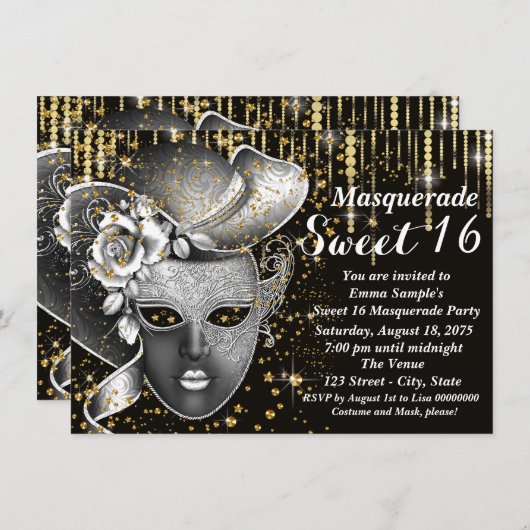 Zwart en goud Sweet Sixteen Masquerade Party Kaart (Voorkant / Achterkant)