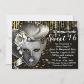Zwart en goud Sweet Sixteen Masquerade Party Kaart (Voorkant)