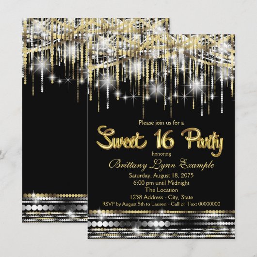 Zwart en goud Sweet Sixteen Party Kaart (Voorkant / Achterkant)