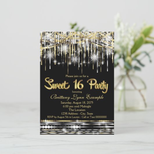 Zwart en goud Sweet Sixteen Party Kaart (Staand voorkant)