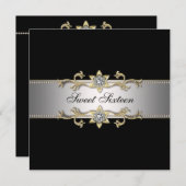 Zwart en goud Sweet Sixteen Party Kaart (Voorkant / Achterkant)