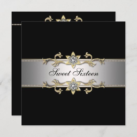 Zwart en goud Sweet Sixteen Party Kaart (Voorkant / Achterkant)