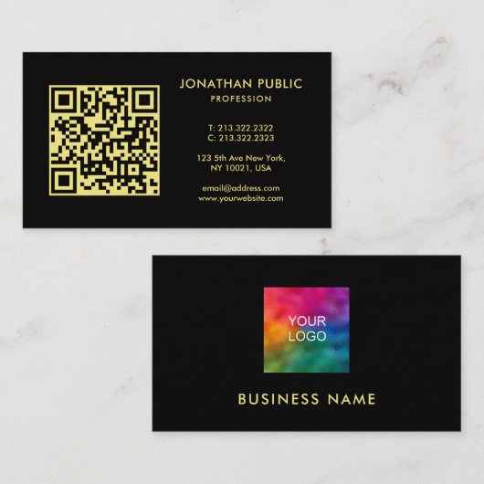 Zwart En Goud Template QR Code Bedrijfslogo Visitekaartje (Voorkant / Achterkant)