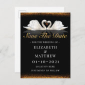 Zwart en goud thema met zwanen bruiloft aankondigingskaart (Voorkant / Achterkant)