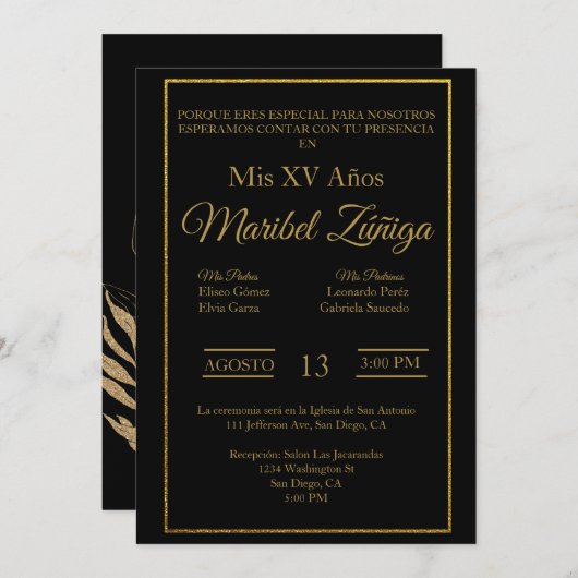 Zwart en goud thema Quinceanera uitnodiging (Voorkant / Achterkant)