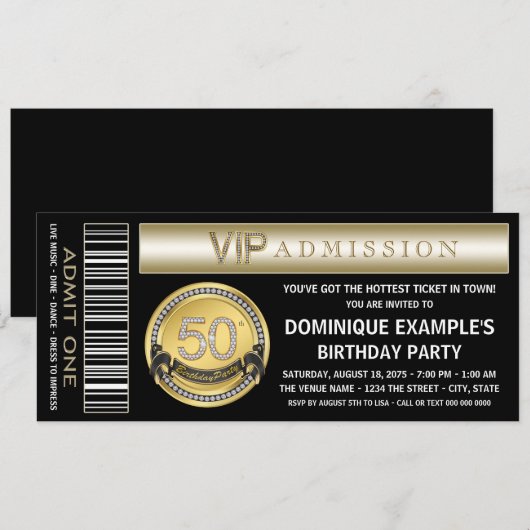 Zwart en Goud Ticket 50ste Verjaardagsfeest Kaart (Voorkant / Achterkant)
