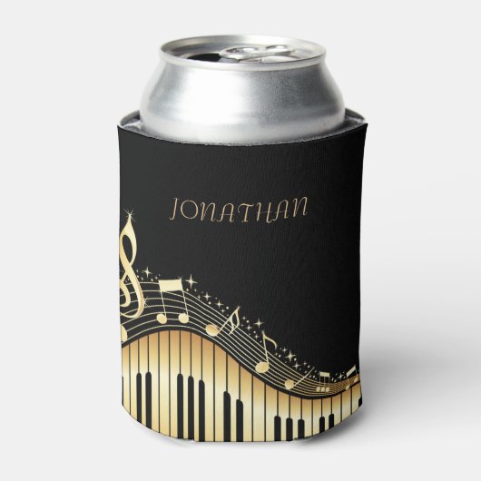 Zwart en goud toetsenbord met muzieknoten blikjeskoeler (Blikje Voorkant)