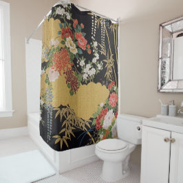 Zwart en Goud Traditionele Japanse Kimono Bloemen Douchegordijn